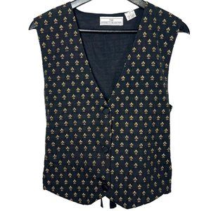 Vintage 90s Black Gold Fleur de Lis Print Vest Medium